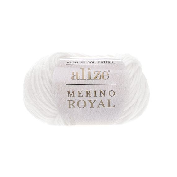Пряжа для плетення Alize merino royal 55 біла алізе меріно роял 100% вовна