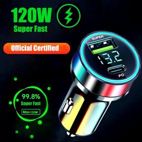 Автомобильное зарядное устройство 120 Вт + PD 20 Вт, 2 USB-порты, быстрая зарядка.