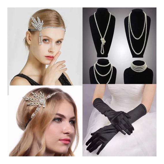 Набір аксесуарів у ретро стилі вечірки Гетсбі 20-х для жінок пов’язка, довгі перчатки, намисто, сережки, браслет, мундштук | Зображення 5