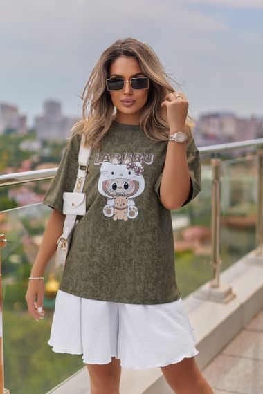 Жіноча вільна футболка Labubu варена тай дай колір хакі, розмір 50/52, GF05256