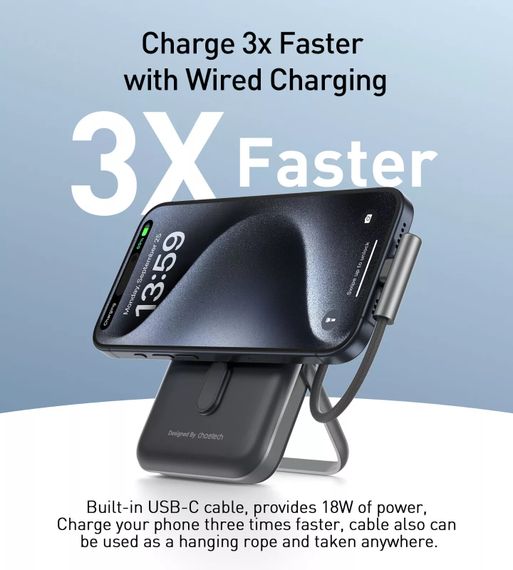 УМБ Choetech Magnetic Wireless 10000mAh 20W PD USB-C In/Out,Qi-15W,build-in cabel  Black | Зображення 4