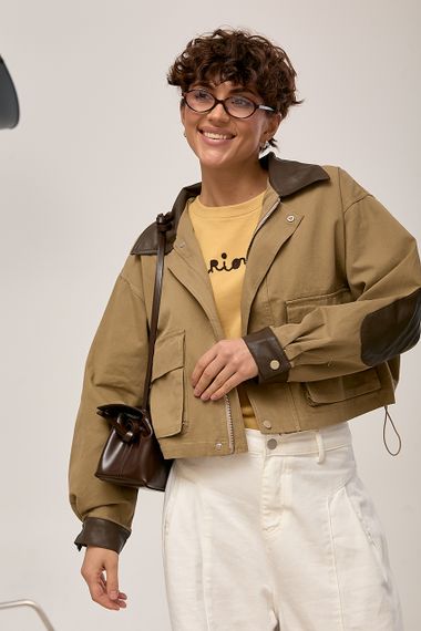 Котонова вітровка зі вставками з еко-шкіри - світло-коричневий цвет, ONE SIZE (є розміри)