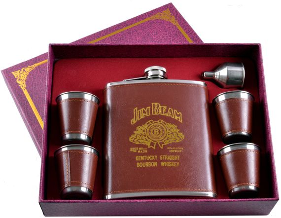 Подарочный набор 6в1 фляга (обтянута кожей), 4 рюмки, лейка "Jim Beam" TZ-6 Коричневый