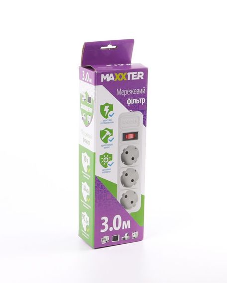 Мережевий фільтр Maxxter SPM3-G-10G, сірий, 3 м кабель, 3 розетки | Зображення 1