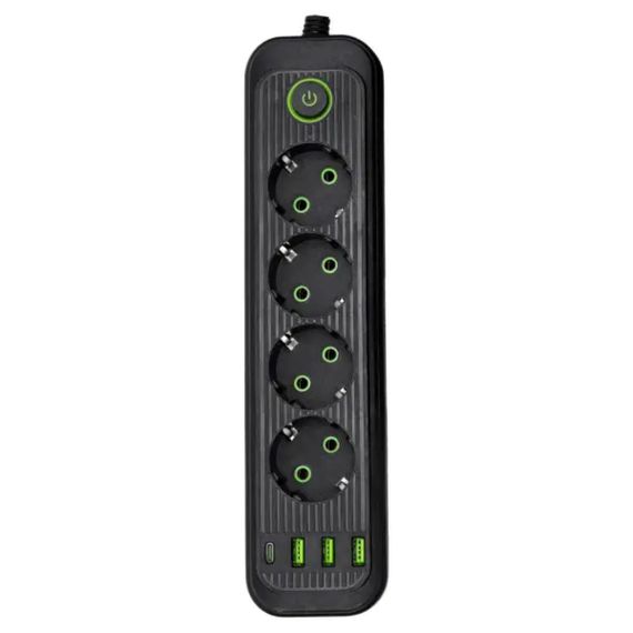 Мережевий фільтр-подовжувач 4 розетки 3xUSB-A 1xUSB-C 3м чорний HP-5-38M