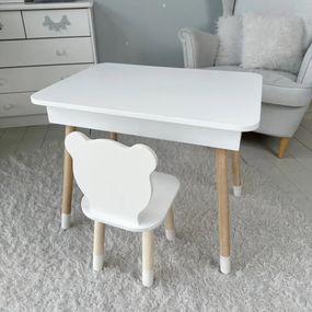 Дитячий столик і стільчик ведмедик білий. Столик із нішею для олівців і розмальовок