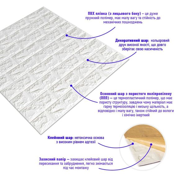 3D панель самоклеюча цегла Білий 700х770х7мм (001-7) SW-00000047 | Зображення 1