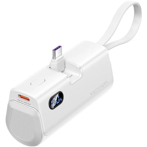 УМБ Vention 4800mAh 22,5W PD, USB-C In/Out, LED display, with built-in USB-C cable White | Зображення 3