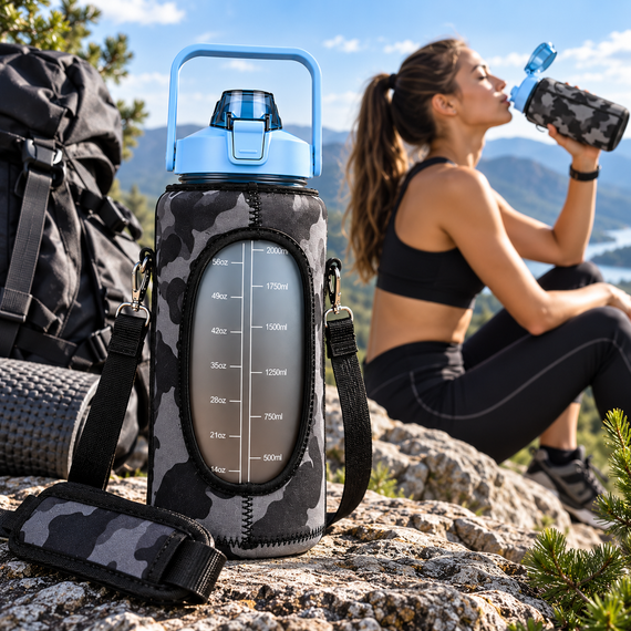 Спортивная бутылка для воды XL 2000 мл (2 л) с соломинкой, защитным камуфляжным чехлом и ремешком - Голубая | Зображення 9