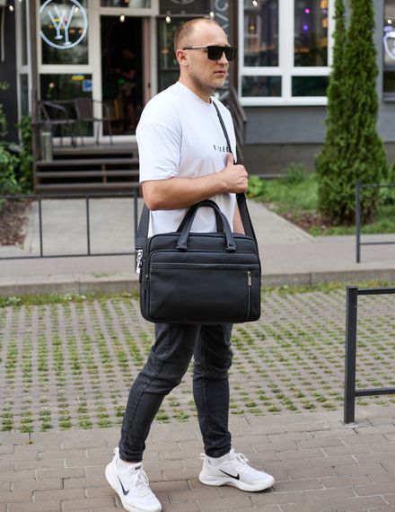 Офісна чоловіча сумка через плече 39х29х10, шкіряний портфель-месенджер для бізнесу, чорний | Зображення 5