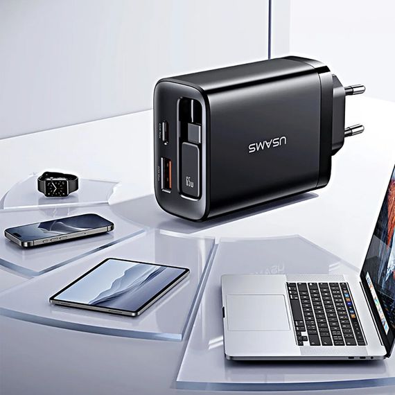 МЗП Usams US-CC296 GaN With Retractable Type-C Cable Xiang Ser. 30W (1USB-A/1C) Black | Зображення 3