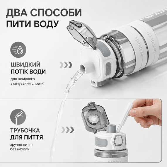 Спортивная бутылка для воды KANGZYUAN 700 мл Белая Тритановая (BPA Free), с клапаном и поилкой | Зображення 5