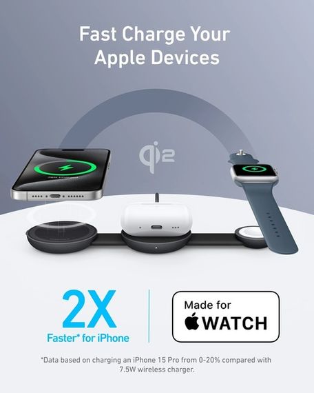 Бездротовий зарядний пристрій Anker MagGo Wireless Charging Pad 15W 3-in-1 Foldable Black | Зображення 3