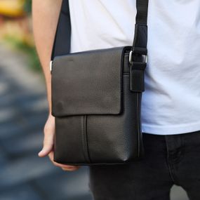Кожаная мужская сумка-месенджер через плечо черная Tiding Bag 48450