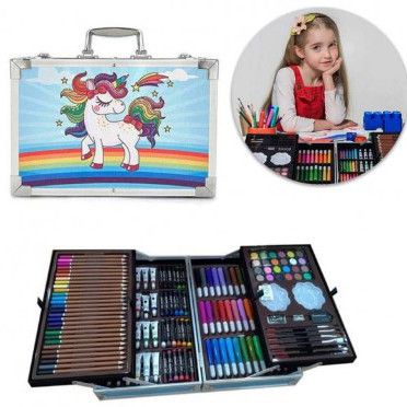 Набір для творчості в алюмінієвій валізі Єдиноріг 145 предметів, чемодан для малювання дитячий кейс. YW-195 Колір: блакитний | Зображення 2