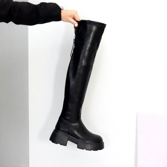 Чорні високі стрейчові чоботи на тракторній підошві | Зображення 3