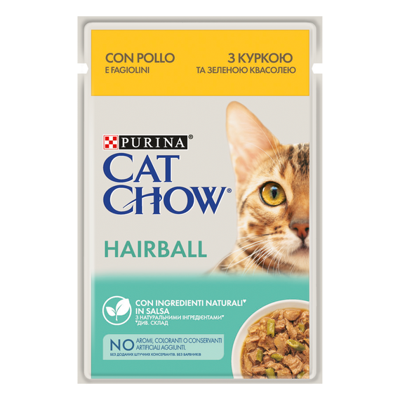 Вологий корм для дорослих котів Purina® Cat Chow® HAIRBALL (Пуріна Кет Чау). З куркою та зеленою квасолею. Ніжні шматочки в соусі 85 г 85 г