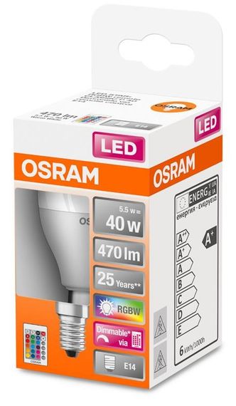 Лампа светодиодная OSRAM LED STAR Е14 5.5-40W 2700K+RGB 220V Р45 пульт ДУ (4058075430877) | Зображення 1