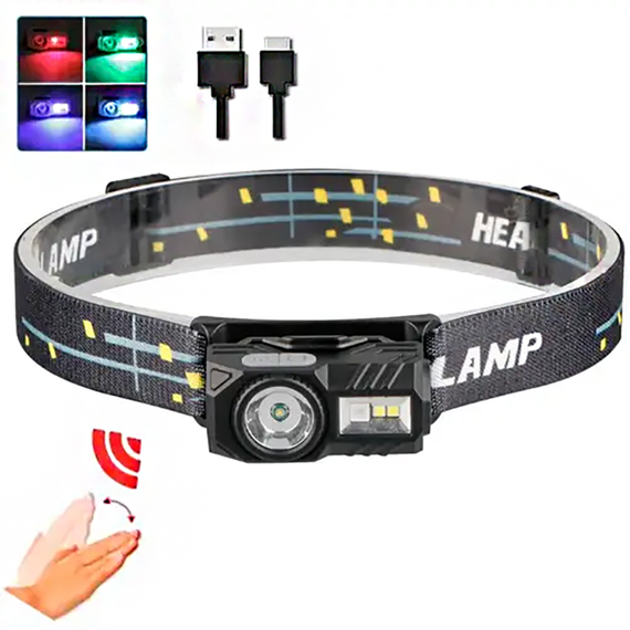 Ліхтар налобний T131-XPE+3SMD із сенсорним керуванням, червоний, синій, зелений, білий, магніт, Type-C