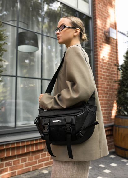 Большая женская поясная сумка бананка Sambag DynamicDart черная 38×21×7 см (80411701)