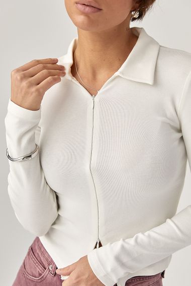 Приталений лонгслів-поло на блискавці - молочний цвет, XL (є розміри) | Зображення 3