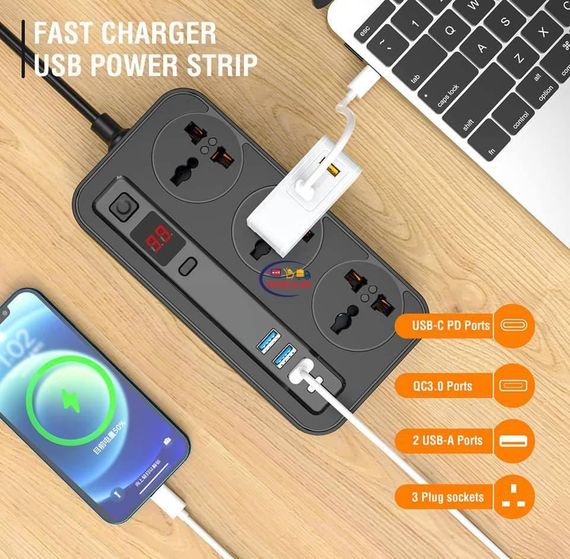 Мережевий фільтр-подовжувач Aspor A505 PD (3USB/USB-C/3A/20W/2м) — чорний | Зображення 2