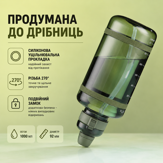 Спортивная бутылка для воды 1 л (1000 мл) с соломинкой Tritan Зеленая. Ударопрочная эко бутылка без BPA | Зображення 7