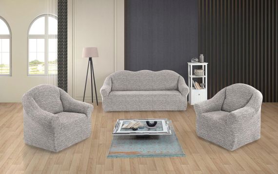 Жаккардовый чехол на диван + 2 кресла Rain без юбки кремово-серый