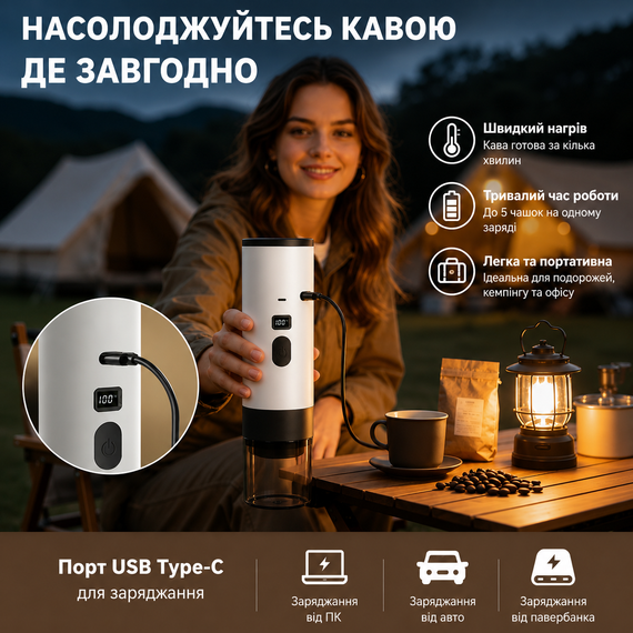Портативна кавоварка з підігрівом 18 бар, акумулятором 7800mAh та підтримкою капсул і меленої кави | Зображення 4