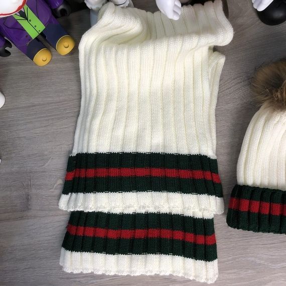Зимний комплект Gucci Winter Hat Knitted Pompon and Scarf Web Milky | Зображення 2