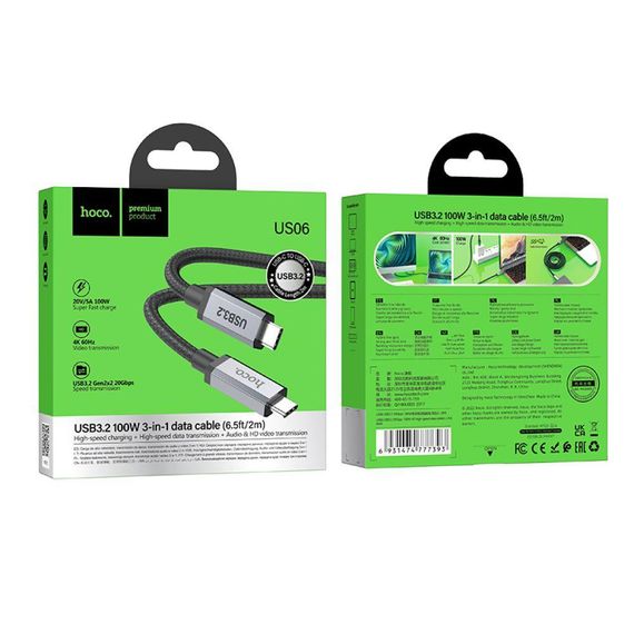 Кабель USB Hoco US06 USB3.2 20Gbps 100W 4K 60Hz 2m Type C to Type C Колір Чорний | Зображення 1