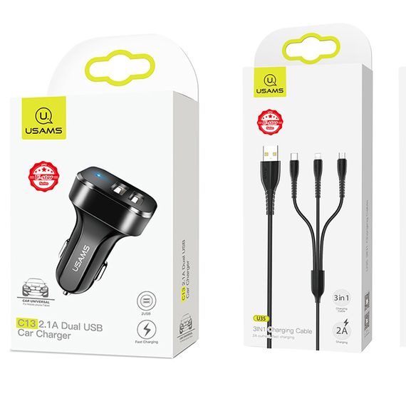 АЗП Usams C13 2.1A (2USB-A) + кабель 3in1 (USB to M+L+C) Чорний | Зображення 5