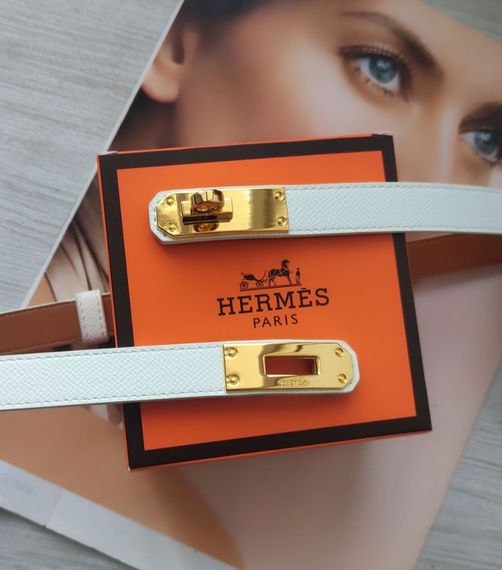 Трендовий шкіряний вузький ремінь Hermes white/gold | Зображення 1