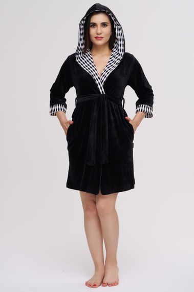 Жіночий велюровий халат Nusa 0527 з капюшоном короткий, чорний S | Зображення 5