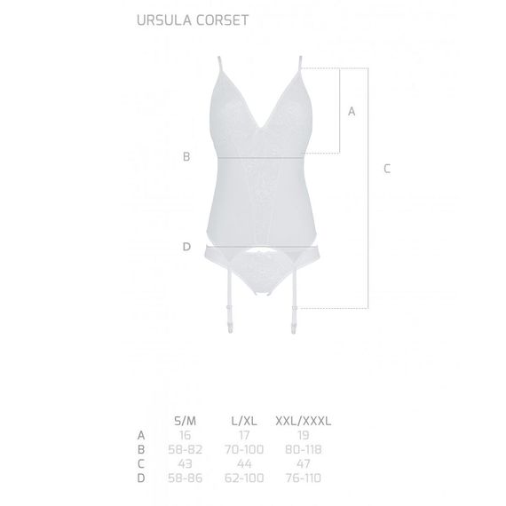 Корсет із пажами, трусики з ажурним декором та відкритим кроком Passion URSULA CORSET S/M, white | Зображення 4