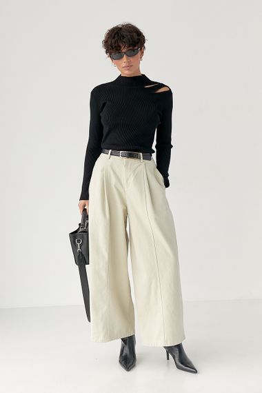 Лонг у рубчик з вирізами на плечі - чорний цвет, ONE SIZE (є розміри) | Зображення 2