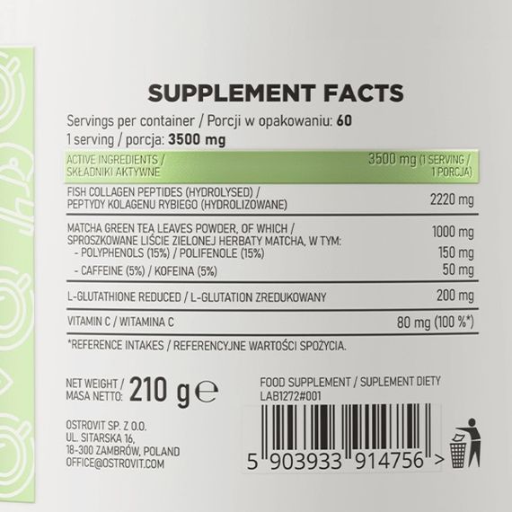 Хондропротектор (для спорта) OstroVit Collagen + Matcha 210 g /60 servings/ Unflavored | Зображення 1