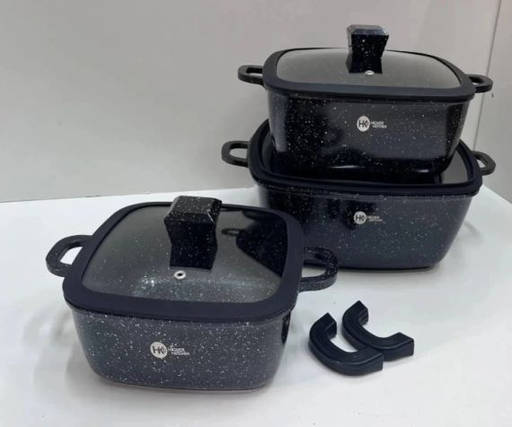 Набір квадратних каструль Higher Kitchen НК-323 Алюміній із гранітним покриттям 8 предметів Чорний | Зображення 1