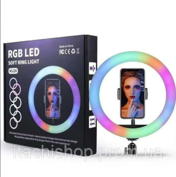 Кольцевая светодиодная RGB лампа YQ 26 cm держателем для телефона и креплением под штатив | Зображення 1
