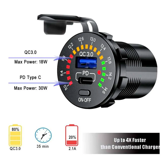 Автомобильная быстрая зарядка врезная USB QC 3, TYPE-C с кольцевым вольтметром и кнопкой (DS2013-PDC-S) | Зображення 1