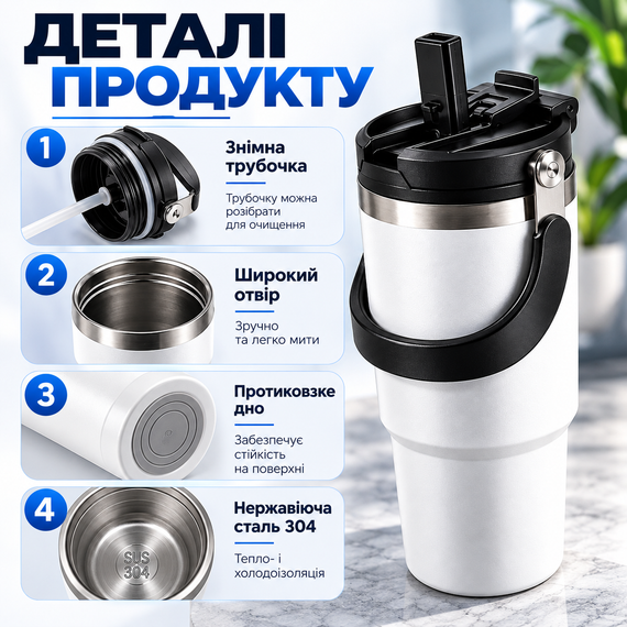Термокружка вакуумная 750 мл белая с ручкой, 3 способа питья, термочашка для авто, спорта и путешествий | Зображення 2