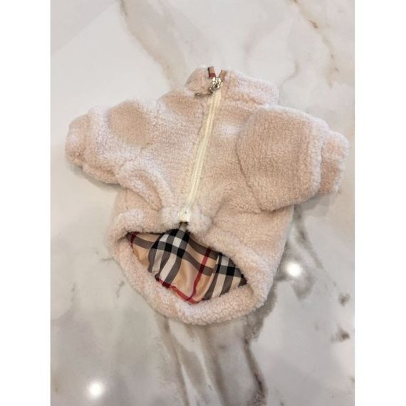 Брендовая меховая куртка для собак BURBERRY с шелковой подкладкой, на змейке, без капюшона, бежевая | Зображення 1