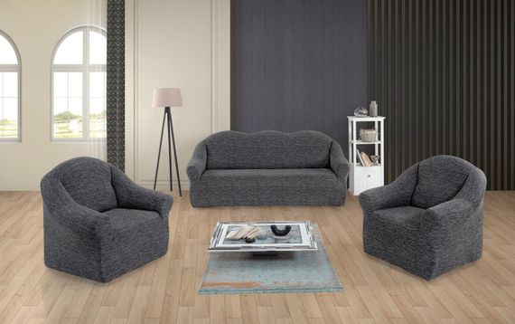 Жаккардовый чехол на диван + 2 кресла Rain без юбки темно-серый