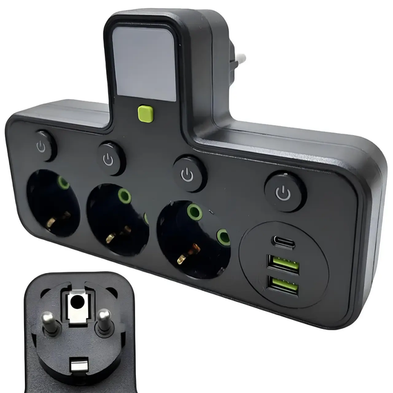 Мережевий фільтр трійник з підсвічуванням 3 розетки (2 USB+Type-C) Чорний