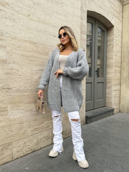 Жіночий трикотажний теплий кардиган оверсайз колір сірий розмір onesize 44-54  ML5009 | Зображення 5