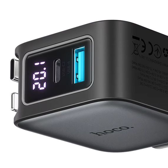 АЗП Hoco Z67A Triunfar PD45W+QC3.0 total 60W with retractable cables (1USB-A/2C/1L) Metal gray | Зображення 2