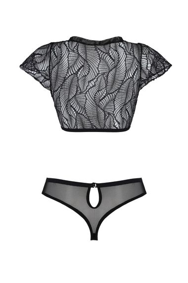 Комплект Passion LEAFA BIKINI black S/M, бюстгальтер-топ з рукавчиками, стрінги-шортики з вирізом | Зображення 3
