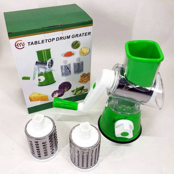 Овочерізка мультислайсер Tabletop Drum Grater Kitchen Master Терка для овочів та фруктів 3 насадки. Колір: зелений | Зображення 2