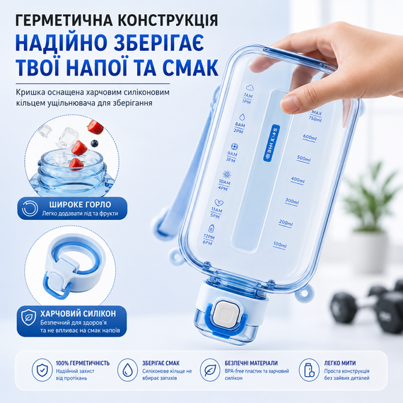Эко-бутылка для воды 750 мл голубая, BPA-free с ремешком и мерной шкалой | Зображення 6