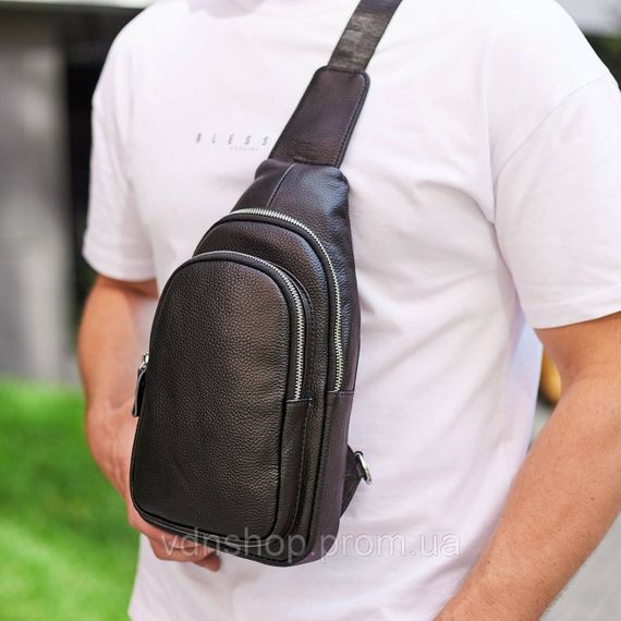 Чоловічий слінг шкіряний 32х18х8, сумка рюкзак на плече зерниста, бананка для документів23242 чорна | Зображення 4